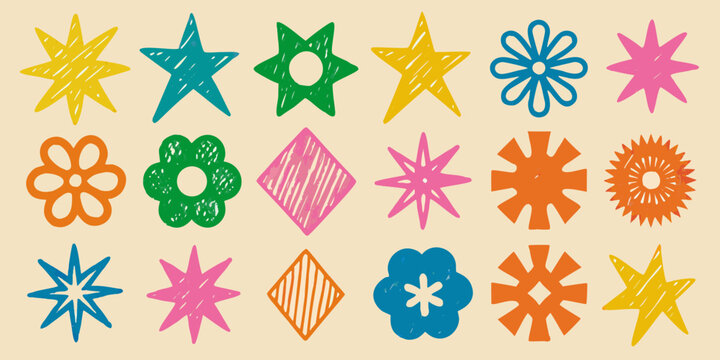 Hand Drawn Style Stars Flowers And Sparkles Pattern On Beige
