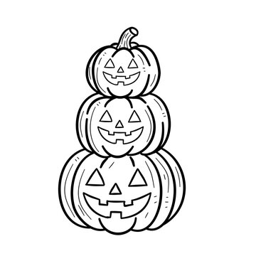 Halloween stacked pumpkins line art vector. Kawaii jack o lantern tower coloring page element isolated.