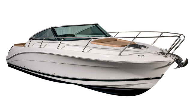 White speed boat with tan seats and chrome railings
