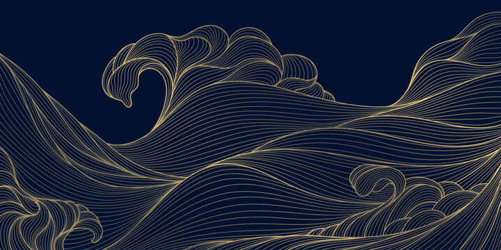 Luxury abstract Japanese wave pattern with elegant gold on black line art, flowing curves, modern geometric shapes of ocean, river, cloud. Premium vector design, wallpaper, packaging, wine labels, pos