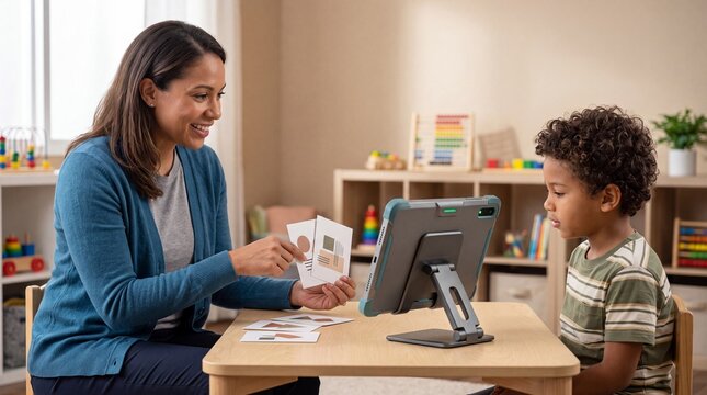 Engaged speech therapist working with a young boy, early childhood education, developmental therapy session, learning with flashcards and tablet technology