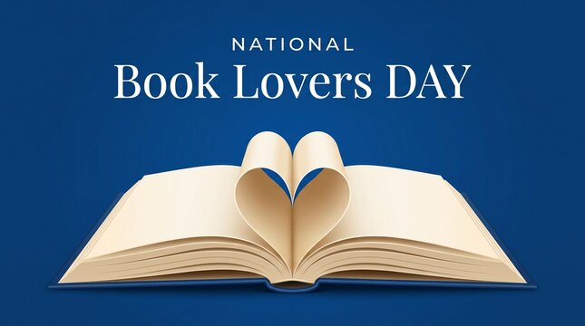 Open book with pages folded into a heart shape on a solid blue background for national book lovers day