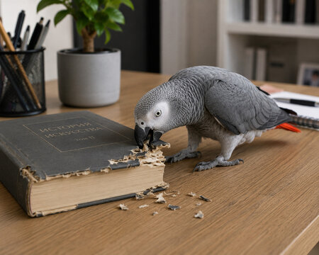 African grey parrot chewing old hardcover book on desk