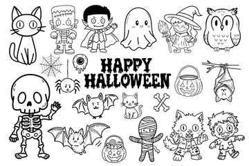 Fototapeta premium Halloween characters line art vector illustration. Kawaii cartoon monsters coloring page isolated.