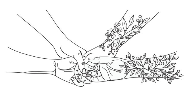 Minimalist line art illustration of two interlocking hands holding each other, featuring intricate botanical leaf and berry vines extending from the wrists on a white background.