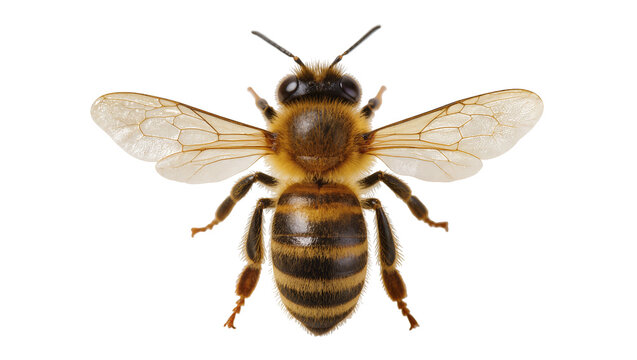 Honey bee with spread wings top view, detailed macro shot