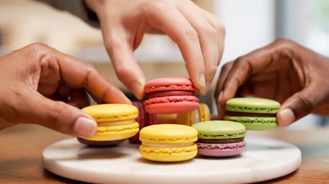 Person's hand reaching for colorful macarons on marble board