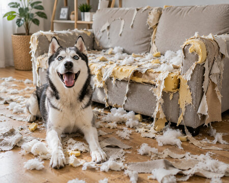 Happy Siberian Husky sitting by destroyed sofa indoors
