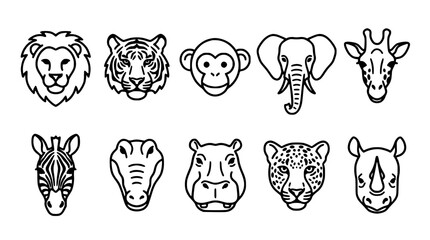 Obraz premium Animal Face Icon Set with Bold Line Art, Featuring Lion, Tiger, Bear, Elephant, and Giraffe Heads in a Clean Layout