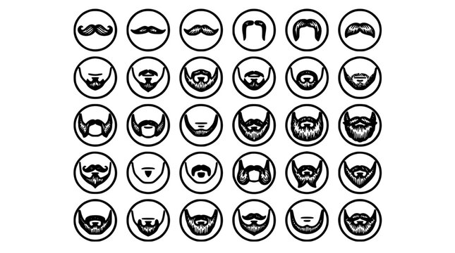 Mustache Icon Set with Diverse Styles and Accessories in Circular Badge Designs, Monochrome Vector Graphic for Branding