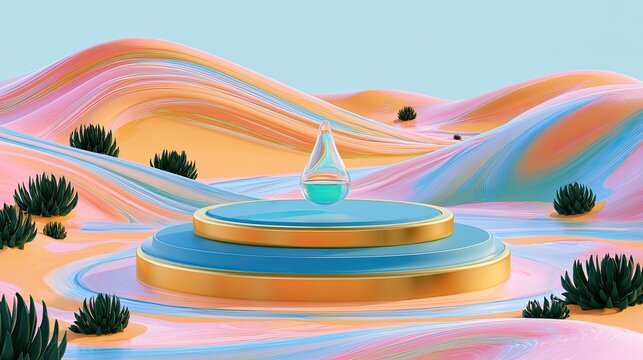 Surreal Landscape with Futuristic Podium and Bottle.