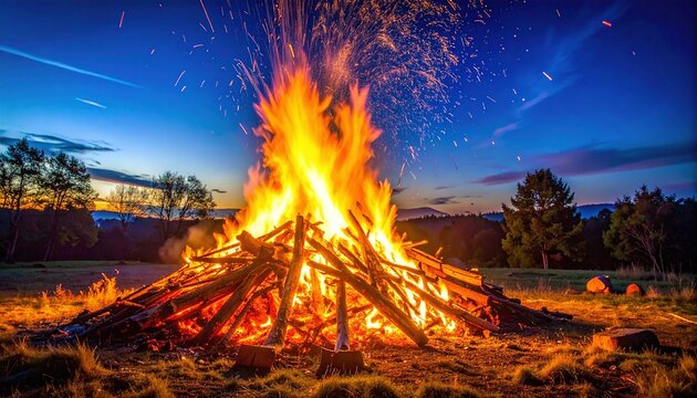 Vibrant bonfire blazing at twilight, throwing golden sparks into the starry blue sky. A powerful symbol of warmth and community, ideal for outdoor events, camping, and seasonal travel.