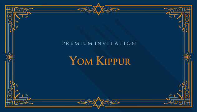 Elegant Premium Invitation for Yom Kippur, the Day of Atonement, featuring a Star of David motif and ornate border on a deep blue background.