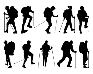 Naklejka premium Set of silhouettes of hikers and travelers in various poses 