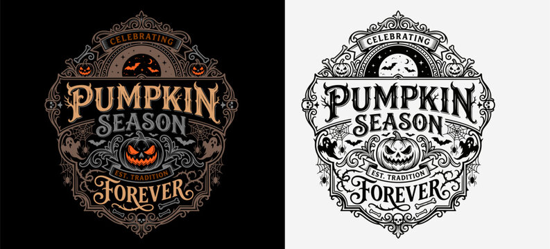 Vintage halloween pumpkin season emblem with flourishes and jack o' lantern illustration Tow version