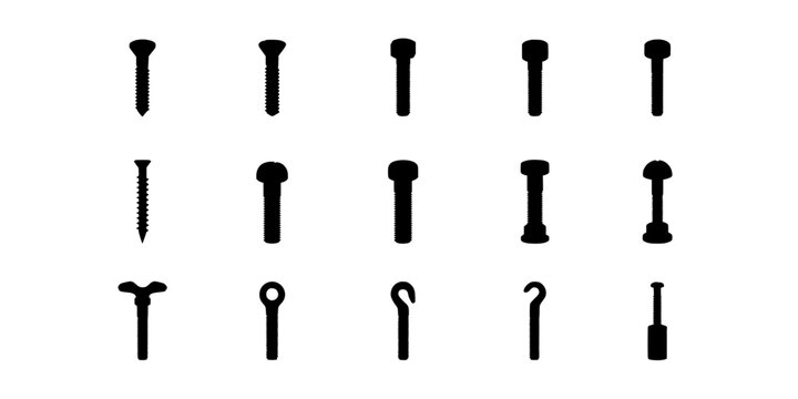 Screw Head Types Illustration with Multiple Metal Fastener Designs Shown in a Simple Grid Arrangement