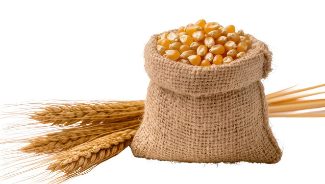 Burlap sack full of corn kernels next to wheat ears