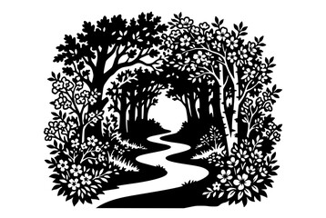 Fototapeta premium Black and white silhouette of a winding path through a blooming forest