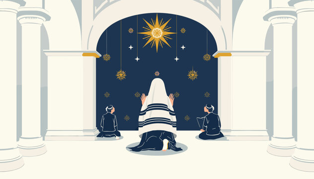 A person in a tallit bowing in prayer within an arched hall, with two other figures sitting, under a starry sky motif.