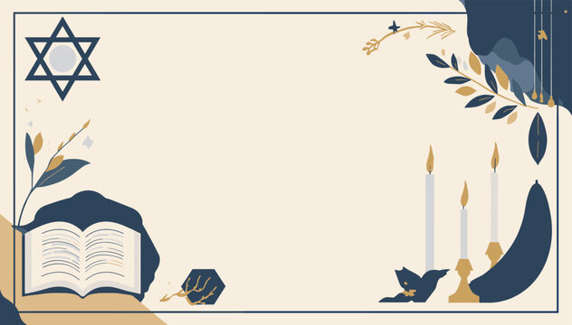 An illustrated beige background with a blue and gold border, featuring Jewish symbols like the Star of David, a menorah with candles, and an open book, adorned with olive branches.