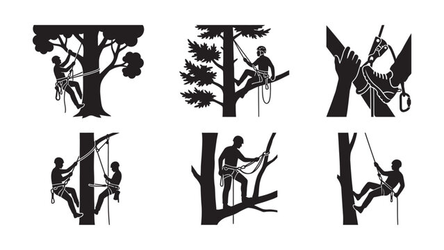 Set of silhouettes of professional tree surgeons and arborists working on trees.