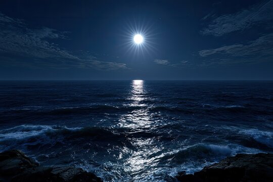 Radiant moonbeam path glimmers on dark, rippling ocean waves at night