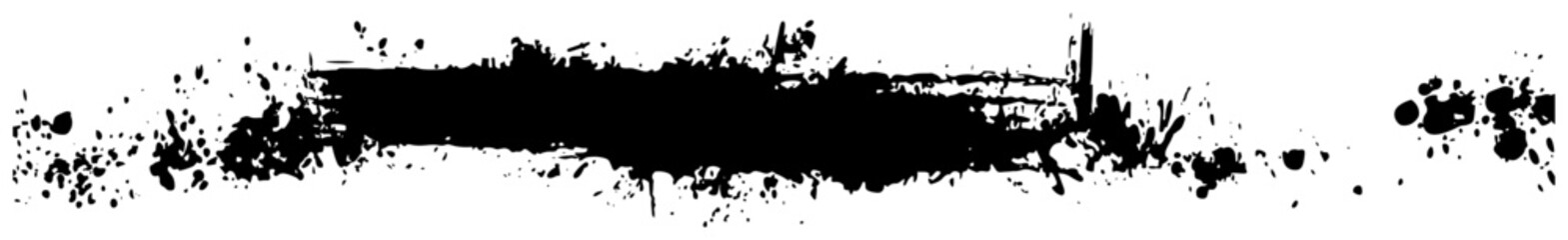 Abstract grungy brush stroke with splatters vector illustration, horizontal distressed ink stain border, urban street art texture background © Luka