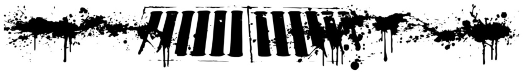Obraz premium Abstract piano keys or rhythmic bars with ink splatters vector, grungy musical horizontal border black and white art