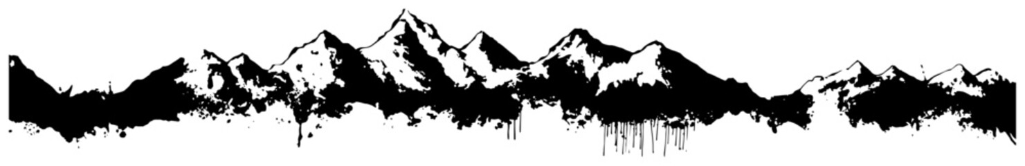 Obraz premium Mountain range silhouette with grungy ink drips vector illustration, alpine peaks panoramic border in linocut style