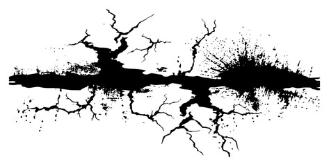 Obraz premium Large earthquake crack fissure vector illustration, horizontal grungy ink splatter and spray border, distressed broken concrete texture