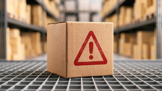 Cardboard box with a red warning symbol on a warehouse shelf
