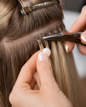 Hair stylist applying keratin hair extensions close up