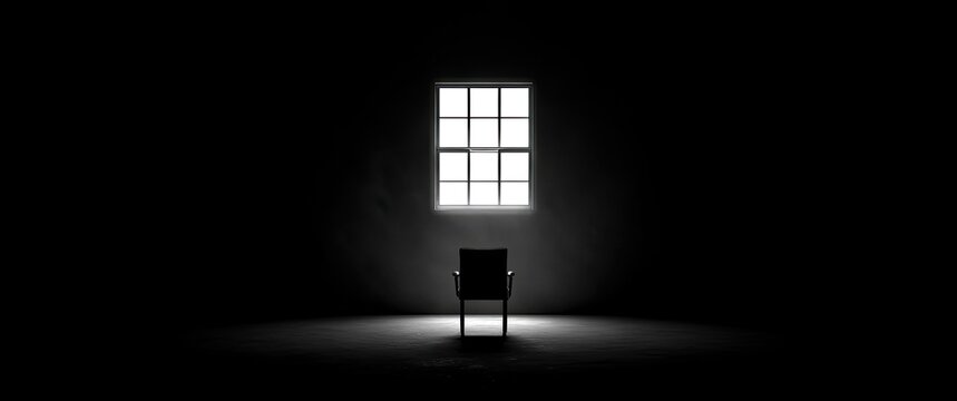 Lone chair sits in darkness, bathed by light from a barred window