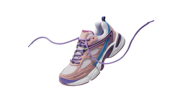 Pink and purple athletic running shoe with blue accents and white sole