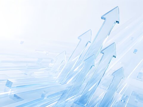 Abstract glowing transparent crystal arrows moving upward for business growth