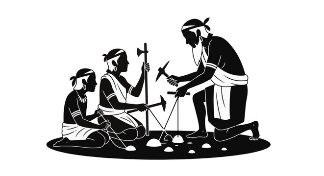 Black and white silhouette of three ancient indigenous tribal members using primitive stone tools and axes for traditional craftsmanship, isolated on a clean white background.