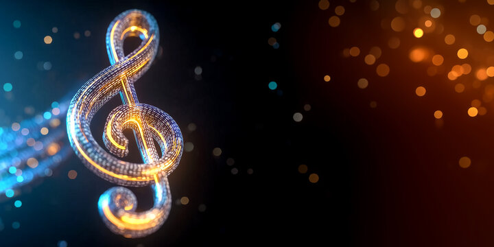 Futuristic Glowing Treble Clef Music Sign with Binary Data Lines Against Dark Background Banner with Bokeh Lights