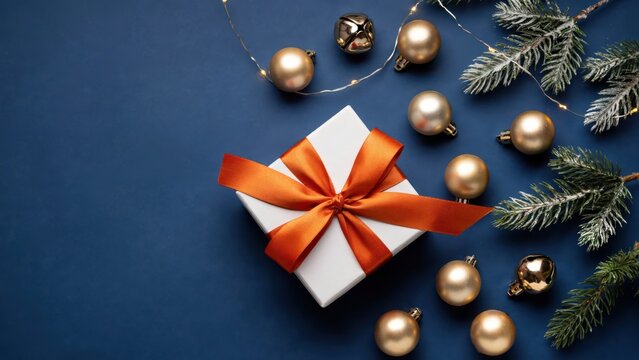 Christmas gift box with orange ribbon and golden ornament on dark blue background