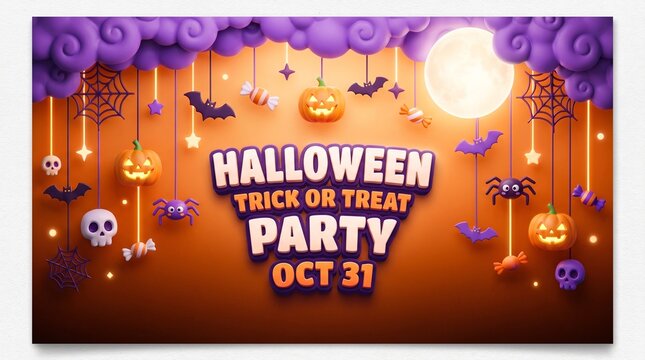 Halloween trick or treat party invitation poster with hanging pumpkins bats spiders and skulls on orange background
