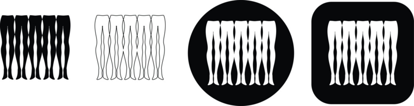Set of four black and white featuring a group of standing legs in silhouette, outline, circle, and square formats