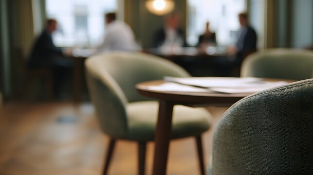 Professional business background with a selective focus on a coffee cup. Defocused team collaborating in a modern corporate office layout.