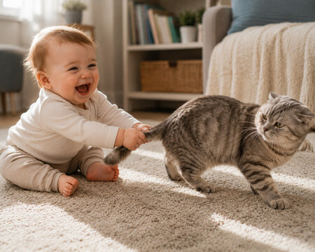 Smiling baby pulling cat tail on living room carpet