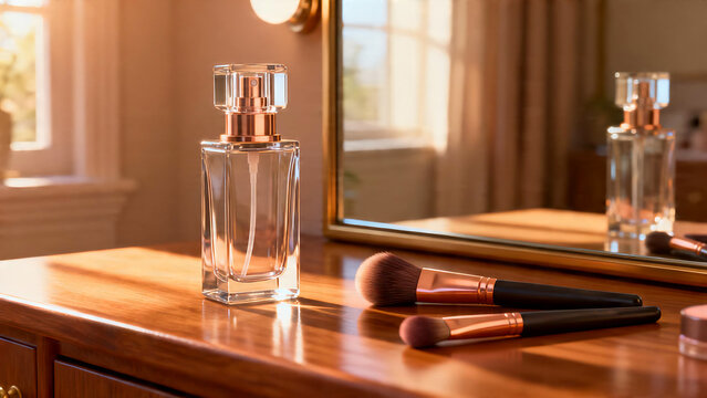Cosmetics and makeup brushes on wooden vanity table
