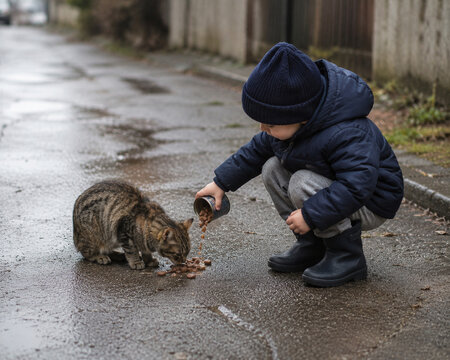 Young child feeding stray cat on wet street