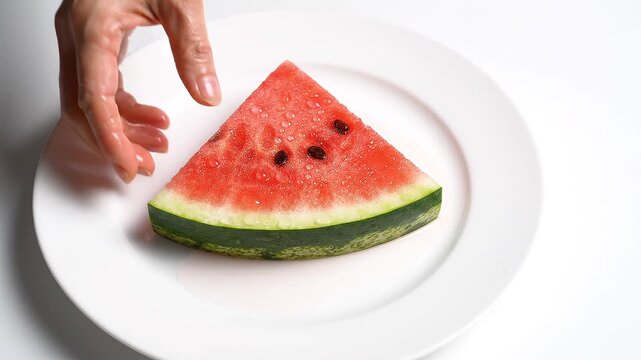 Hand placing fresh slice of red watermelon on plate a close-up of a refreshing, juicy of with seeds onto a clean white fruit food summer refreshing eating fruit food summer refreshing eating