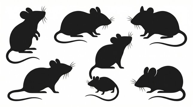 Set of black silhouettes of mice isolated on white background