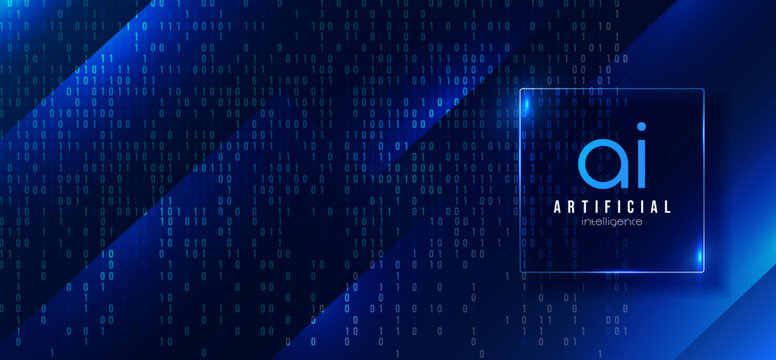 Artificial intelligence abstract background for banner and web template. Falling numbers on a blue background and a glass text frame. 