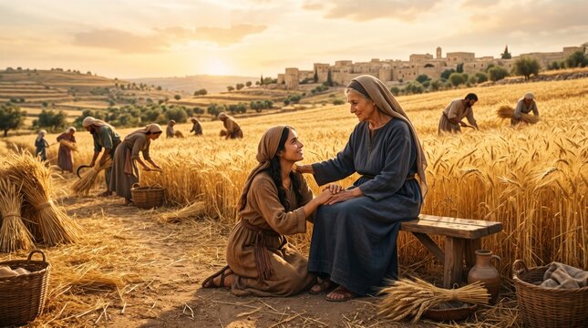Young woman kneeling before elderly woman in ancient wheat field. Biblical scene of Ruth and Naomi harvesting grain at sunset. Historical agriculture and family bonding concept.