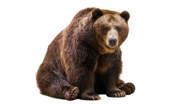 Brown grizzly bear sitting full body, looking forward