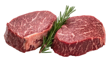Fototapeta premium Two raw marbled beef steaks with rosemary sprig